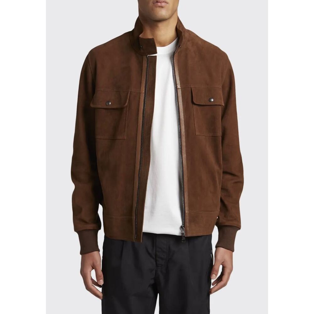 $3660 Moncler Courry Suede 2-Pocket Biker Jacket Brown Men Size 2 - NEW